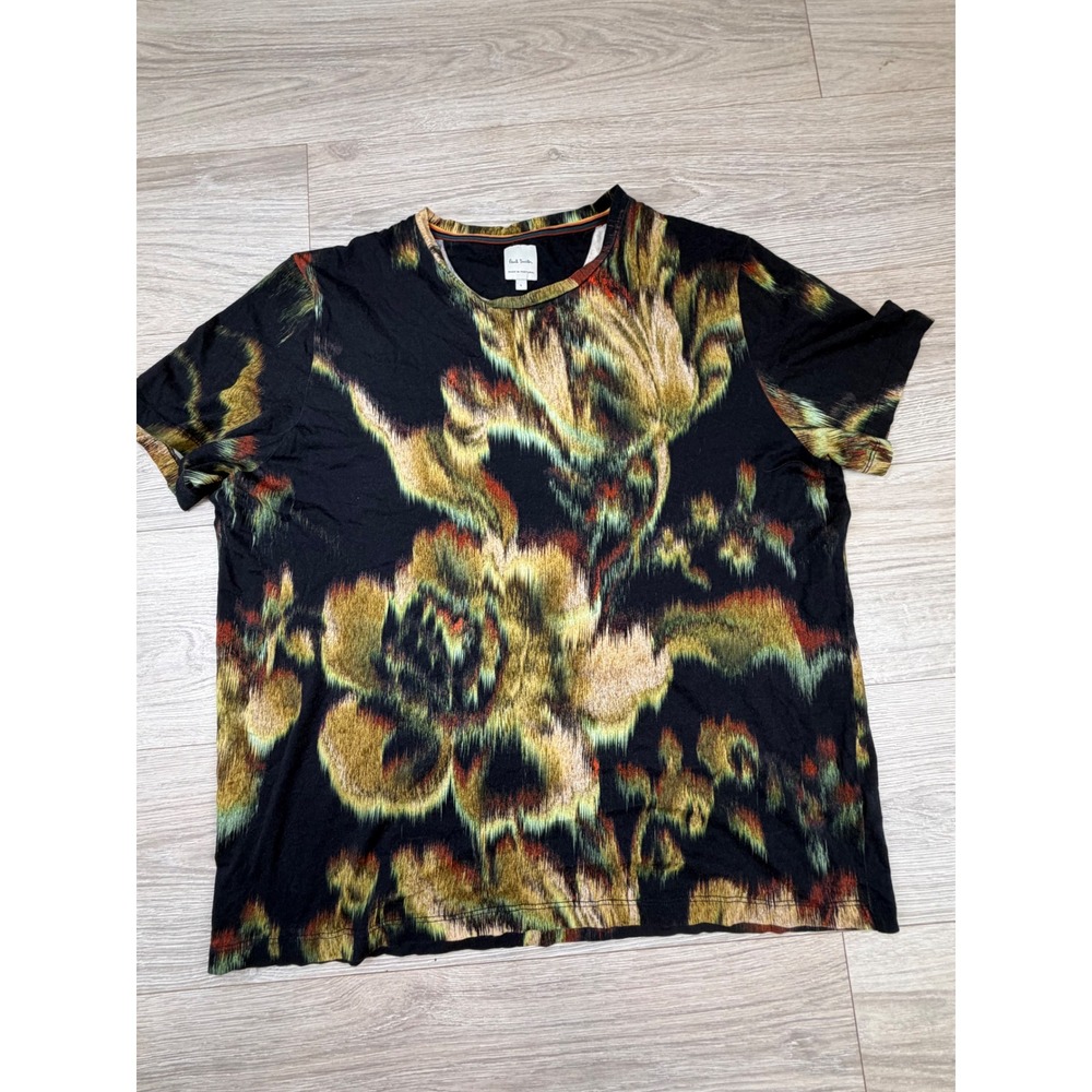 Paul Smith Disrupted Rose Blurred Floral Graphic‎ T-Shirt Black Gold Cotton Sz L